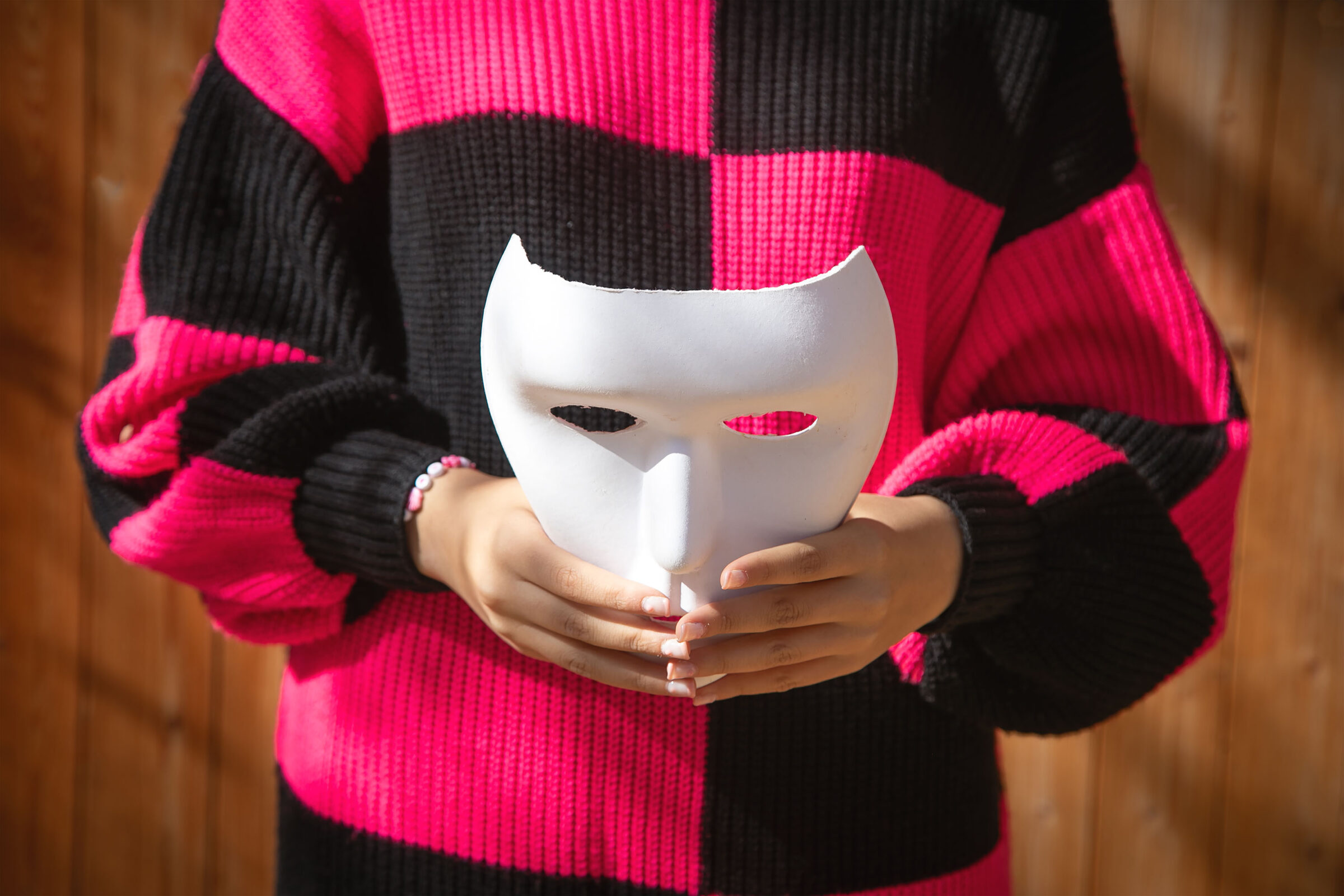 Caucasian Young Woman Showing White Face Mask.